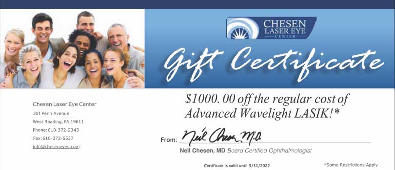 Chesen Laser Eye Gift Certificate - $1000.00 off the regular cost of Advanced Wavelight LASIK