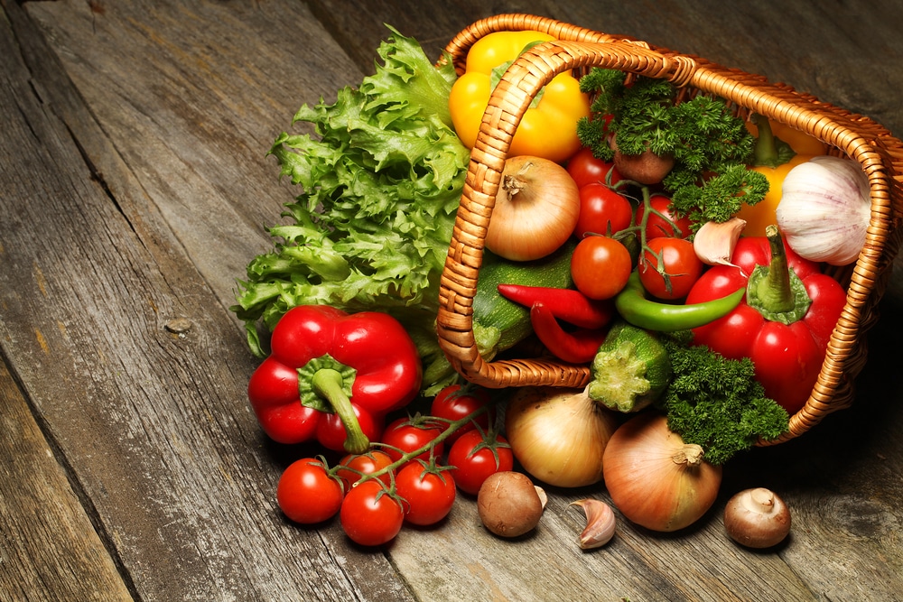 Healthy fruits and vegetables in a basket